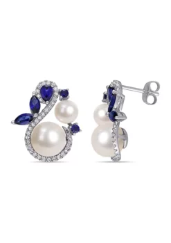 Coupon ✔️ Cultured Freshwater Pearl, Created Sapphire and 1/3 ct. t.w. Diamond Swan Stud Earrings in 10k White Gold by Belk & Co. 😀