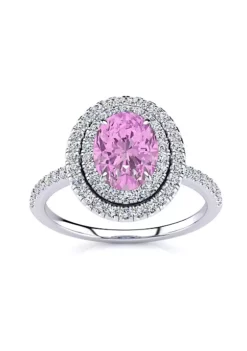 Outlet 🧨 Lab Created 1 1/2cttw Oval Shape Created Pink Sapphire and Double Halo Diamond Ring In Sterling Silver by Belk & Co. ❤️