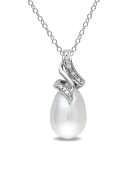 Cheap ⌛ 9-9.5 MM Cultured Freshwater Pearl and Diamond Twist Pendant with Chain in Sterling Silver by Belk & Co. 😍