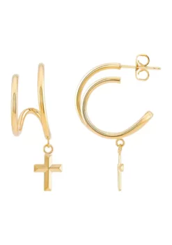 Outlet 🥰 1.52 mm x 14 mm and 17 mm Double Illusion with Cross Earrings in 10K Yellow Gold by Belk & Co. 💯