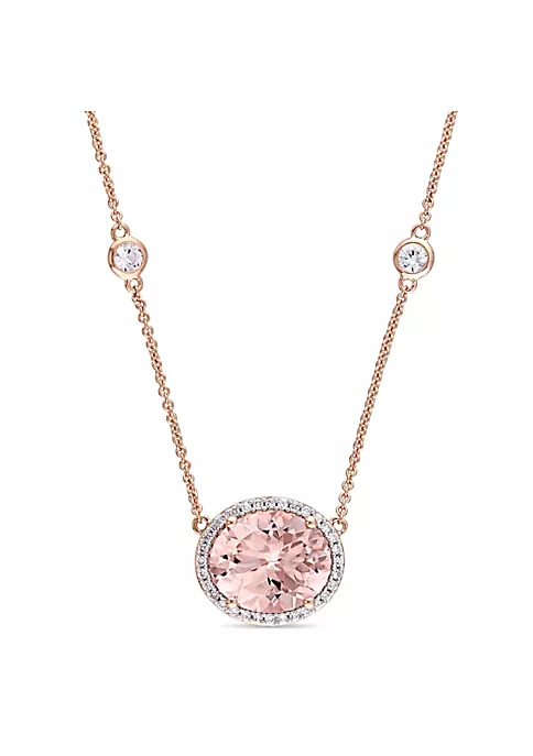 Top 10 ❤️ 4.84 ct. t.g.w. Morganite, White Sapphire and 1/6 ct. t.w. Diamond Halo Station Necklace in 14K Rose Gold by Belk & Co. 🔥 1 Top 10 ❤️ 4.84 ct. t.g.w. Morganite, White Sapphire and 1/6 ct. t.w. Diamond Halo Station Necklace in 14K Rose Gold by Belk & Co. 🔥