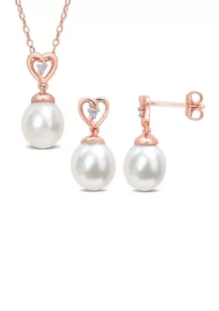 Hot Sale ⌛ 8-9mm South Sea Cultured Freshwater Pearl and White Topaz 2-PC Heart Earrings and Pendant w/Chain Set in Rose Plated Sterling Silver by Belk & Co. 🥰