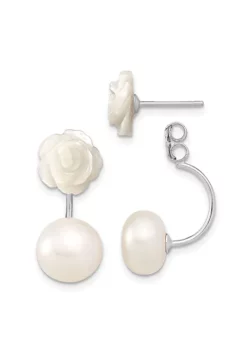 Budget ✔️ Sterling Silver Rhodium-plated 8-9mm Freshwater Cultured Pearl/MOP Flower Front/Back Earrings by Belk & Co. 🤩