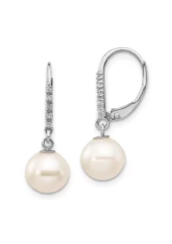 Best deal ๐ 0.05 ct. t.w. Diamond and 8-9mm White Round Freshwater Cultured Pearl Leverback Earrings in 14K Yellow Gold by Belk & Co. โ