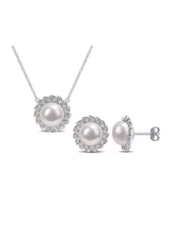 Cheap 👏 Lab Created 9.5-10mm Freshwater Cultured Pearl and 1/2 CT TGW Created White Sapphire Halo Earrings and Pendant with Chain in Sterling Silver by Belk & Co. ✨