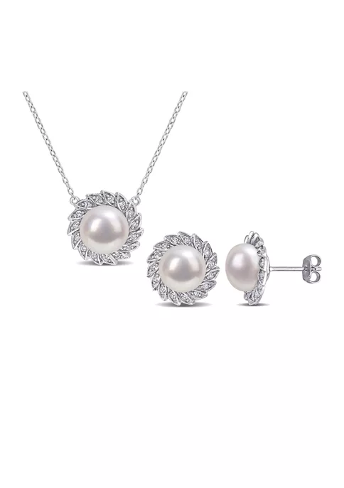 Cheap 👏 Lab Created 9.5-10mm Freshwater Cultured Pearl and 1/2 CT TGW Created White Sapphire Halo Earrings and Pendant with Chain in Sterling Silver by Belk & Co. ✨ 1 Cheap 👏 Lab Created 9.5-10mm Freshwater Cultured Pearl and 1/2 CT TGW Created White Sapphire Halo Earrings and Pendant with Chain in Sterling Silver by Belk & Co. ✨