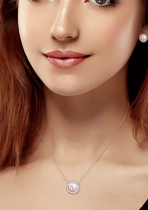 Cheap 👏 Lab Created 9.5-10mm Freshwater Cultured Pearl and 1/2 CT TGW Created White Sapphire Halo Earrings and Pendant with Chain in Sterling Silver by Belk & Co. ✨ 2 Cheap 👏 Lab Created 9.5-10mm Freshwater Cultured Pearl and 1/2 CT TGW Created White Sapphire Halo Earrings and Pendant with Chain in Sterling Silver by Belk & Co. ✨ - Image 2