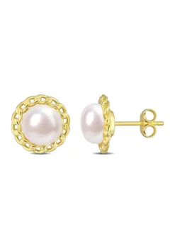 Cheap 🎉 8-8.5mm Cultured Freshwater Pearl Halo Link Stud Earrings in Yellow Plated Sterling Silver by Belk & Co. 🤩