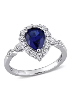 Budget ✔️ 2.45 ct. t.g.w. Created Blue and White Sapphire and 1/10 ct. t.w. Diamond Halo Cocktail Ring in 10K White Gold by Belk & Co. 😀