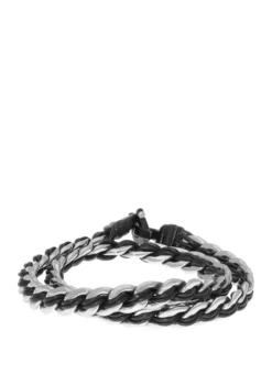 Best Sale 👏 Stainless Steel and Black Leather Wrap Bracelet by Belk & Co. 🥰
