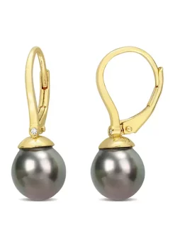 Wholesale 🤩 8-8.5mm Black Tahitian Cultured Freshwater Pearl & Diamond Accent Leverback Earrings in Yellow Plated Sterling Silver by Belk & Co. 🔥 -DealsBelk & Co. Store Belk 24487