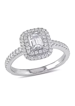 Cheap โ๏ธ 1 CT TW Emerald Cut and Round Diamond Double Halo Engagement Ring in 14k White Gold by Belk & Co. โ๏ธ