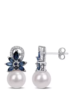 Deals ⭐ 9 to 9.5 Millimeter Cultured Freshwater Pearl, 1.63 ct. t.w. Sapphire and 1/8 ct. t.w. Diamond Floral Drop Earrings in 14k White Gold by Belk & Co. 🌟 -DealsBelk & Co. Store Belk 24662