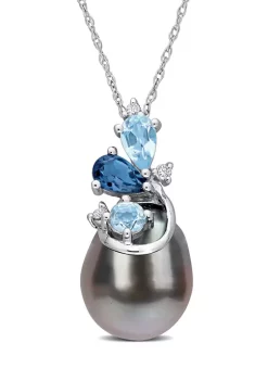 Coupon ๐คฉ 9-10MM Tahitian Cultured Pearl Blue Topaz and Diamond Accent Cluster Necklace in 14k White Gold by Belk & Co. โค๏ธ