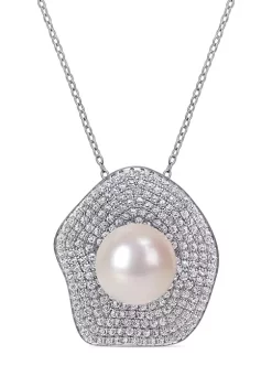 Best deal 🔔 12 -12.5 MM Cultured Freshwater Pearl and 2 1/2 CT TGW Cubic Zirconia Wavy Clustered Halo Necklace in Sterling Silver by Belk & Co. 😉