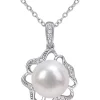 New 😍 10 Millimeter Freshwater Cultured Pearl and 1/10 ct. t.w. Diamond-Accent Floral Necklace in Sterling Silver by Belk & Co. 🥰