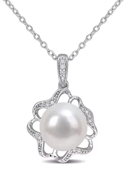 New 😍 10 Millimeter Freshwater Cultured Pearl and 1/10 ct. t.w. Diamond-Accent Floral Necklace in Sterling Silver by Belk & Co. 🥰
