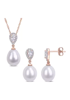 Top 10 ❤️ 1/5 CT TW Diamond and 3/4 CT TGW White Topaz with 9-9.5mm White Freshwater Cultured Pearl Drop Earrings and Pendant Set in 10k Rose Gold by Belk & Co. 👍