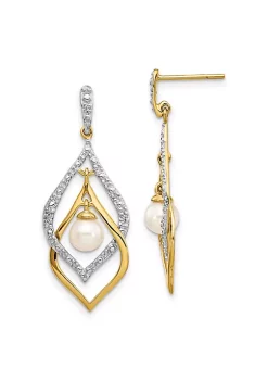 Budget 🎁 0.02 ct. t.w. Diamond and 5-6mm White Round Freshwater Cultured Pearl Dangle Earrings in 14K Yellow Gold by Belk & Co. 👍