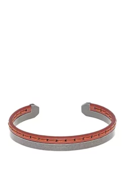 Outlet 😍 Stainless Steel Brown Stitched Leather Cuff Bangle with Black Ion Plating by Belk & Co. 🛒