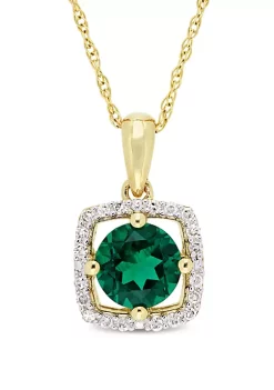 Best Sale 😍 0.8 ct. t.w. Created Emerald and 0.1 ct. t.w. Diamond Floating Halo Pendant with Chain in 10K Yellow Gold by Belk & Co. 👏