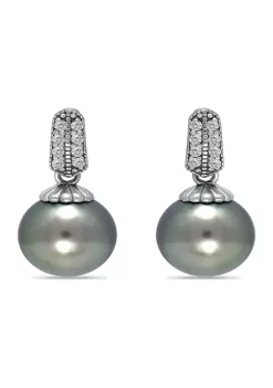 Top 10 😀 12MM Tahaitian Pearl and White Topaz Pave Drop Earrings, Sterling Silver by Belk & Co. 🔥 -DealsBelk & Co. Store Belk 25471