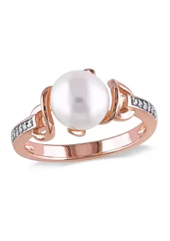 Wholesale ✔️ 8 MM White Cultured Freshwater Pearl and Diamond Solitaire Twist Ring in Rose Plated Sterling Silver by Belk & Co. 👍