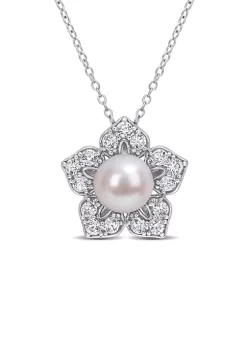 Cheap 👍 Lab Created 8.5-9mm Freshwater Cultured Pearl and 1 1/3 CT TGW Created White Sapphire Floral Pendant with Chain in Sterling Silver by Belk & Co. ✨