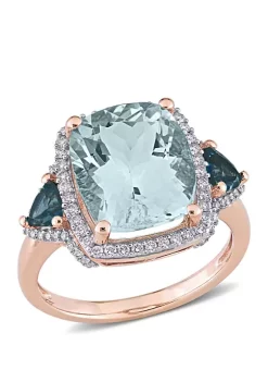 Brand new ⭐ 5 ct. t.w. Aquamarine, 3/5 ct. t.w. London-Blue Topaz and 1/3 ct. t.w. Diamond Halo 3 Stone Ring in 14k Rose Gold by Belk & Co. 🥰