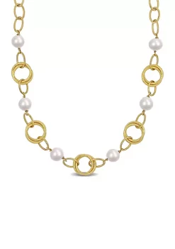Best Pirce ⌛ 9-10mm Cultured Freshwater Pearl and Circle Rings Station Necklace in 18k Yellow Gold Plated Sterling Silver by Belk & Co. 🔔