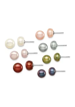 Discount 🧨 Sterling Silver Rhodium-plated 7 Pairs 8-9mm Freshwater Cultured Pearl Stud Earrings Set by Belk & Co. ❤️