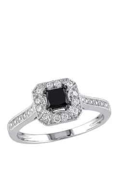 Outlet 🎉 3/5 ct. t.w. Black and White Diamond Princess Cut Halo Engagement Ring in 10K White Gold by Belk & Co. ✔️