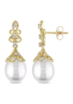 Best Sale 💯 9-9.5 Millimeter Cultured Freshwater Pearl and 1/10 ct. t.w. Diamond Vintage Drop Earrings in 14k Yellow Gold by Belk & Co. 🎁 -DealsBelk & Co. Store Belk 25753