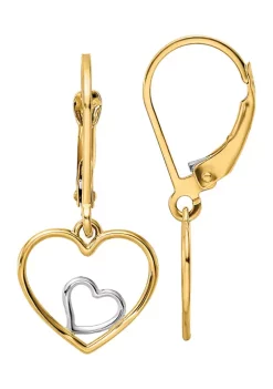Cheap 👍 14K Yellow Gold with Rhodium Heart in Heart Lever Back Dangle Earrings by Belk & Co. ⌛