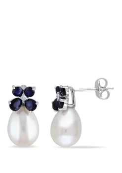 Hot Sale ๐งจ Pearl, 1.25 ct. t.w. Sapphire, 1/10 ct. t.w. Diamond Accent Bow Earrings in 10K White Gold by Belk & Co. โญ