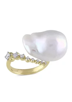 New 🔔 14-14.5MM Freshwater Baroque Cultured Pearl and 1/5 CT TW Diamond Cocktail Ring in 14k Yellow Gold by Belk & Co. ❤️