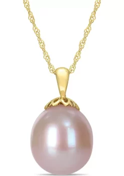 Best Pirce 💯 11.5-12mm Pink Cultured Freshwater Pearl Strawberry Pendant with Singapore Chain 10k Yellow Gold by Belk & Co. ✔️