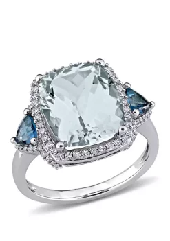 Top 10 ⭐ 5 ct. t.w. Aquamarine, 3/5 ct. t.w. Blue Topaz, and 1/3 ct. t.w. Diamond 3 Stone Halo Ring by Belk & Co. 😉