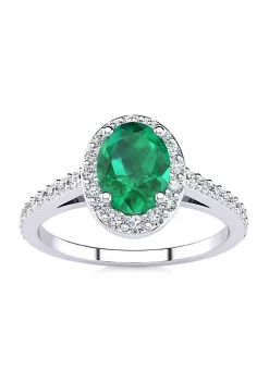 Deals 🎁 Lab Created 1cttw Oval Shape Created Emerald and Halo Diamond Ring In Sterling Silver by Belk & Co. 💯