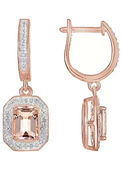 Outlet 🔥 Sterling Silver/14K Rose Gold Plated 7x5mm Emerald Cut Morganite 1/3 CTTW Diamond Halo Drop Earrings by Belk & Co. 👏