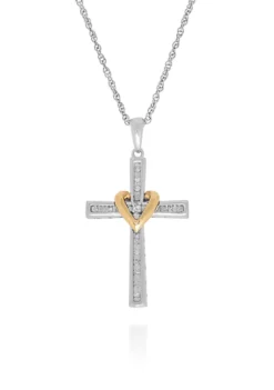 Coupon โ๏ธ 0.10 ct. t.w. Diamond Cross/Heart Pendant in Sterling Silver & 10K Yellow Gold by Belk & Co. ๐