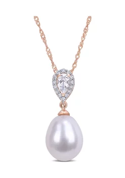 New ⌛ 9-9.5 Millimeter Freshwater Cultured Pearl, White Topaz and Diamond Accent Drop Pendant with Chain in 10K Rose Gold by Belk & Co. 😀