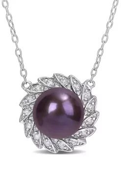 Coupon 🎉 9.5-10mm Black Freshwater Cultured Pearl and 1/6 CT TGW White Topaz Floral Pendant with Chain in Sterling Silver by Belk & Co. 🔔