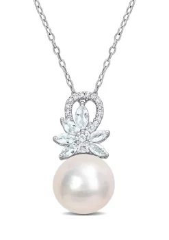 Best Sale ⭐ 11-12mm Cultured Freshwater Pearl and 5/8 CT TGW Aquamarine and Diamond Accent Flower Pendant with Chain in Sterling Silver by Belk & Co. 😍
