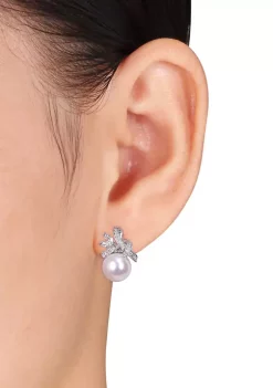 Coupon ⌛ 9.5 to 10 Millimeter Freshwater Cultured Pearl, 2/5 ct. t.w. White Topaz and 1/6 ct. t.w. Diamond Flower Earrings in 10k White Gold by Belk & Co. 🎉 -DealsBelk & Co. Store Belk 27135