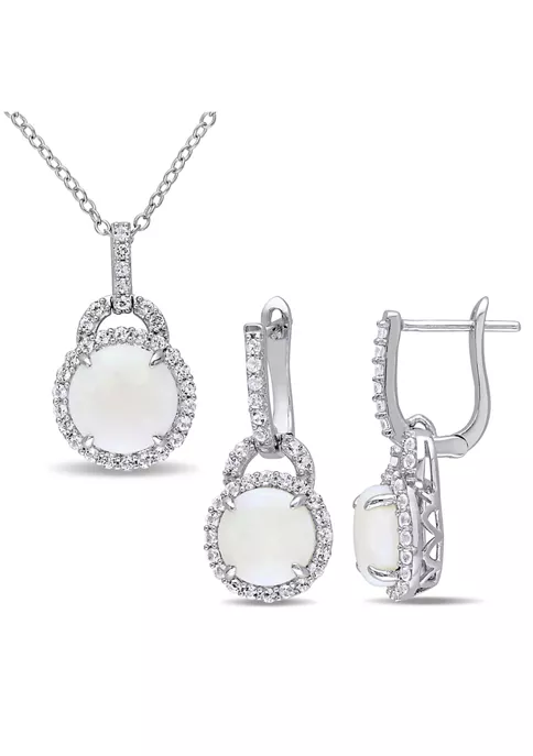 Promo โจ 2-Piece Set 5 1/4 CT TGW Opal and White Topaz Halo Pendant with Chain and Hoop Halo Charm Earrings in Sterling Silver by Belk & Co. ๐ 1 Promo โจ 2-Piece Set 5 1/4 CT TGW Opal and White Topaz Halo Pendant with Chain and Hoop Halo Charm Earrings in Sterling Silver by Belk & Co. ๐