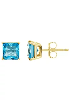 New 🎁 14K Yellow Gold 5mm Princess Cut Blue Topaz Stud Earrings by Belk & Co. 👍