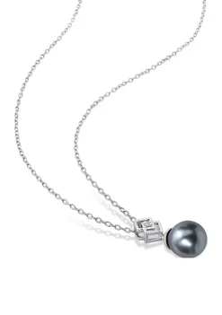 Budget ⭐ 8-9mm Black Tahitian Cultured Freshwater Pearl and White Topaz Lozenge Drop Pendant with Chain in Sterling Silver by Belk & Co. 👍 -DealsBelk & Co. Store Belk 27202