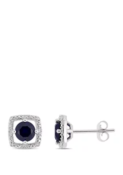Best Pirce 👏 1.17 ct. t.w. Created Sapphire and 0.07 ct. t.w. Diamond Floating Halo Square Stud Earrings in 10K White Gold by Belk & Co. 👍
