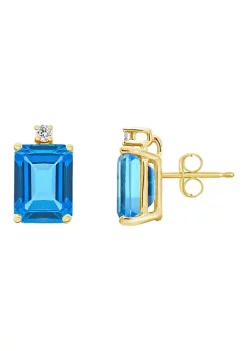 Hot Sale โจ 14K Gold 8x6 Emerald Cut Blue Topaz Diamond Accent Earrings by Belk & Co. ๐